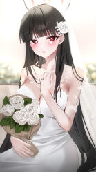 Rule 34 | 1girl, :o, absurdres, alternate costume, black hair, blue archive, blurry, blurry background, blush, bouquet, braid, breasts, bridal veil, bright pupils, cleavage, dress, educk, flower, hair flower, hair ornament, halo, highres, holding, holding bouquet, large breasts, long hair, looking at viewer, red eyes, rio (blue archive), solo, veil, very long hair, wedding dress, white dress