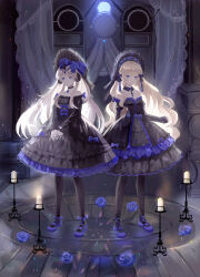 Rule 34 | 2girls, absurdres, bare shoulders, black bow, black choker, black dress, black gloves, black headwear, black pantyhose, black sleeves, blonde hair, blue bow, blue flower, blue footwear, blue rose, bonnet, bow, candle, candlestand, chandelier, choker, closed mouth, collarbone, curtains, detached sleeves, dress, elbow gloves, fire, flower, frilled dress, frills, full body, gloves, gothic lolita, hair bow, hair flower, hair ornament, hair ribbon, hat, highres, iceblue, indoors, jewelry, juliet sleeves, layered dress, lolita fashion, long hair, long sleeves, looking at viewer, multiple girls, necklace, off shoulder, original, own hands together, pantyhose, pendant, puffy sleeves, ribbon, ring, rose, shoes, standing, strapless, strapless dress, very long hair, white hair