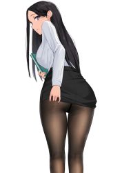 Rule 34 | 1girl, anti (0324), ass, back, black hair, black pantyhose, breasts, long hair, mole, mole under eye, mole under mouth, office lady, original, pantyhose, pencil skirt, purple eyes, simple background, skirt, smile, solo, white background