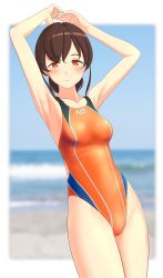 Rule 34 | 1girl, absurdres, arms up, blue sky, blurry, breasts, brown hair, clothes writing, cloud, commentary request, competition swimsuit, cowboy shot, day, depth of field, highres, horizon, kantai collection, long hair, looking at viewer, low ponytail, multicolored clothes, multicolored swimsuit, ocean, one-piece swimsuit, orange eyes, orange one-piece swimsuit, outdoors, parted lips, sky, small breasts, solo, souya (kancolle), swimsuit, takafumi, waves