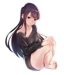 Rule 34 | 1girl, alternate costume, backlighting, bad perspective, black eyes, black hair, blush, breasts, brown hair, collarbone, artistic error, expressionless, feet, fingernails, from side, full body, gradient hair, hand on lap, hand on own knee, hip focus, komi-san wa komyushou desu, komi shouko, legs, legs together, long hair, long sleeves, looking at viewer, looking to the side, medium breasts, multicolored hair, nail polish, neck, off shoulder, parted lips, pink lips, purple hair, red nails, shiny clothes, shiny skin, sidelocks, simple background, sitting, solo, sweater, thick thighs, thighs, tight (ohmygod), toenail polish, toenails, toes, very long hair, white background