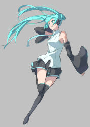 Rule 34 | 1girl, absurdres, aqua eyes, black footwear, black skirt, black sleeves, blue hair, blue necktie, boots, collared shirt, detached sleeves, floating hair, full body, grey background, grin, hatsune miku, headphones, highres, hitori bocchi (joutatu881), long hair, long sleeves, miniskirt, necktie, pleated skirt, shirt, simple background, skirt, sleeveless, sleeveless shirt, sleeves past wrists, smile, solo, standing, standing on one leg, tattoo, thigh boots, thighhighs, very long hair, vocaloid, white shirt, wide sleeves, wing collar