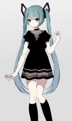 Rule 34 | 1girl, black dress, black legwear, dress, green hair, grey background, hair between eyes, hatsune miku, horizontal-striped dress, long hair, looking at viewer, smile, solo, standing, striped clothes, striped dress, sulfur (1453rk), twintails, very long hair, vocaloid