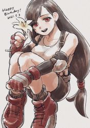 Rule 34 | 1girl, bandaged hand, bandages, bare shoulders, black gloves, black hair, black skirt, breasts, dated, earrings, elbow gloves, elbow pads, final fantasy, final fantasy vii, fingerless gloves, flower, full body, gloves, grey background, happy birthday, highres, holding, holding flower, hugging own legs, jewelry, large breasts, long hair, looking at viewer, low-tied long hair, midriff, miniskirt, open mouth, red eyes, red footwear, red gloves, shirt, shuumai 1022, sitting, skirt, smile, solo, suspenders, teeth, tifa lockhart, upper teeth only, white shirt, yellow flower