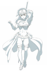 Rule 34 | 00s, 1girl, abs, armor, bikini armor, blue theme, breasts, claudette (queen&#039;s blade), claudette (queen's blade), claudette lord of thundercloud, cleavage, earrings, jewelry, large breasts, long hair, midriff, monochrome, nigou, queen&#039;s blade, sandals, solo, thighhighs, toeless legwear, toes, underboob
