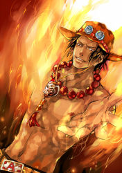 Rule 34 | 1boy, belt, fire, freckles, hat, jewelry, magic, male focus, necklace, one piece, portgas d. ace, topless male, solo, stampede string, teeth, usayomogi
