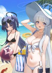 Rule 34 | 2girls, absurdres, arm up, bag, ball, beach, beachball, bikini, black bikini, blue archive, breasts, cloud, crab, front-tie bikini top, front-tie top, halo, highres, holding, holding ball, holding beachball, large breasts, long hair, looking at viewer, midriff, multiple girls, navel, noa (blue archive), nogong, open mouth, outdoors, parted bangs, purple eyes, purple hair, shoulder bag, sky, swimsuit, two side up, very long hair, white bikini, white hair, yuuka (blue archive)