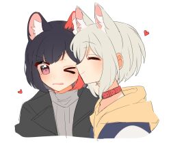 Rule 34 | &gt; o, 2girls, animal ear fluff, animal ears, aoba moca, bang dream!, black hair, black jacket, blush, closed mouth, collar, commentary, dog ears, grey shirt, heart, highres, hood, hoodie, jacket, kemonomimi mode, misawa yuka, mitake ran, multicolored hair, multiple girls, one eye closed, parted lips, pink eyes, red collar, red hair, shirt, short hair, simple background, smile, streaked hair, upper body, white background, white hair, yellow hoodie, yuri