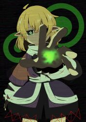 Rule 34 | 1girl, absurdres, ahoge, arm warmers, black background, black skirt, blonde hair, brown shirt, chibeany, closed mouth, commentary request, cowboy shot, expressionless, flower-shaped pupils, glowing, glowing hand, green eyes, hair between eyes, highres, looking at viewer, medium bangs, medium hair, mizuhashi parsee, pointy ears, reaching, reaching towards viewer, scarf, shirt, short sleeves, simple background, skirt, solo, static, symbol-shaped pupils, touhou, white scarf
