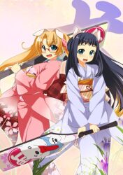 Rule 34 | 2girls, animal ears, atelier-moo, blonde hair, blue kimono, breasts, cat ears, floral print, full body, furisode, glasses, green eyes, hagoita, hair ornament, happy new year, holding, holding paddle, japanese clothes, kimono, long hair, machida madoka, machida nodoka, machidake, multiple girls, new year, obi, open mouth, paddle, pink kimono, red-framed eyewear, sash, small breasts, smile, standing, twintails