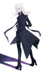 Rule 34 | 1boy, adapted costume, black coat, black footwear, black pants, coat, commentary, expressionless, eyelashes, eyes visible through hair, flipped hair, full body, high heels, highres, jojo no kimyou na bouken, keke ex, leone abbacchio, lipstick, long coat, long hair, long sleeves, looking at viewer, looking back, makeup, male focus, multicolored eyes, pants, purple eyes, purple lips, shadow, simple background, solo, standing, symbol-only commentary, vento aureo, white background, white hair, yellow eyes