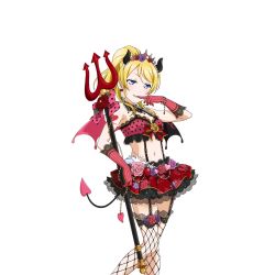 Rule 34 | 1girl, artist request, ayase eli, bare shoulders, bat wings, blonde hair, blue eyes, blush, breasts, choker, demon girl, demon horns, demon tail, demon wings, earrings, fishnets, floral print, flower, frills, gloves, grin, hair ornament, heart, horns, jewelry, lace, lace-trimmed legwear, lace trim, long hair, looking at viewer, love live!, love live! school idol festival, midriff, navel, official art, pink flower, pink rose, polka dot, ponytail, purple flower, purple rose, rose, seductive smile, skirt, small breasts, smile, solo, standing, suspender skirt, suspenders, tail, tattoo, thighhighs, tiara, transparent background, wings