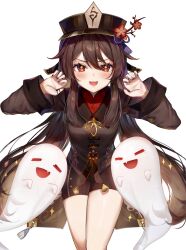 Rule 34 | 1girl, :3, black hat, black nails, black shorts, blush, boo tao (genshin impact), brown coat, brown hair, claw pose, coat, coattails, flower, flower-shaped pupils, genshin impact, ghost, hair flaps, hands up, hat, hat branch, hat flower, hat tassel, highres, hu tao (genshin impact), jewelry, leaning forward, long hair, long sleeves, looking at viewer, mandarin collar, multiple rings, open mouth, plum blossoms, porkpie hat, pudding cream, red eyes, red flower, red shirt, ring, shirt, short shorts, shorts, sidelocks, simple background, solo, sparkle, symbol-shaped pupils, tassel, thighs, twintails, v-shaped eyebrows, very long hair, white background