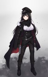 Rule 34 | 1girl, ammunition pouch, ascot, bad id, bad pixiv id, black ascot, black cape, black footwear, black gloves, black hair, black hat, black jacket, black pants, blouse, boots, breasts, brown eyes, cape, center frills, closed mouth, commentary, desert eagle, english commentary, expressionless, frills, full body, fur-trimmed cape, fur trim, gloves, gun, handgun, hat, highres, holding, holding gun, holding weapon, hplay, jacket, jacket on shoulders, large breasts, long hair, long sleeves, looking at viewer, military, military hat, military uniform, multicolored cape, multicolored clothes, open clothes, open jacket, original, pants, peaked cap, pistol, pouch, red cape, shirt, sidelocks, solo, standing, trigger discipline, uniform, very long hair, weapon, white shirt