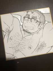 Rule 34 | 1boy, abs, armpit hair, armpits, bara, buzz cut, calligraphy, chest hair, commentary request, ei (marutendon), facial hair, glasses, goatee, grin, hairy, large pectorals, long sideburns, male focus, mature male, muscular, muscular male, nipples, nude, old, old man, original, pectorals, photo (medium), shikishi, short hair, sideburns, smile, solo, traditional media, very short hair, wrinkled skin