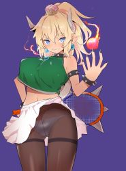 Rule 34 | 1girl, alternate costume, armlet, bad id, bad twitter id, ball, black nails, blonde hair, blouse, blue eyes, blush, bowsette, bracelet, breasts, breath weapon, breathing fire, brooch, brown pantyhose, caburi, clothes lift, collar, commentary request, crop top, earrings, fingernails, fire, forked eyebrows, gem, gluteal fold, green shirt, grin, hair between eyes, hand on own hip, highres, horns, jewelry, large breasts, long fingernails, long hair, looking at viewer, mario (series), mario tennis, midriff, miniskirt, nail polish, navel, new super mario bros. u deluxe, nintendo, panties, panties under pantyhose, pantyhose, pantyshot, pink skirt, pointy ears, ponytail, purple background, racket, sharp fingernails, sharp teeth, shirt, skirt, skirt lift, sleeveless, sleeveless shirt, smile, solo, spiked armlet, spiked bracelet, spiked collar, spikes, standing, stomach, super crown, tan, teeth, tennis ball, tennis racket, thick eyebrows, thigh gap, thighband pantyhose, turtle shell, underwear, white panties