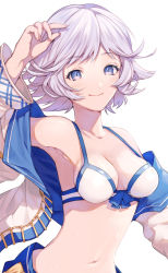 Rule 34 | 1girl, armpits, bikini, blue bow, blue eyes, blush, bow, breasts, closed mouth, farrah (granblue fantasy), flipped hair, front-tie bikini top, front-tie top, granblue fantasy, jacket, looking at viewer, matsuki tou, medium breasts, navel, open clothes, open jacket, short hair, silver hair, simple background, smile, solo, stomach, sweat, swimsuit, upper body, white background, white bikini
