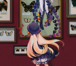 Rule 34 | 2girls, abigail williams (fate), abigail williams (third ascension) (fate), black bow, black dress, black hat, black socks, blonde hair, bloomers, bow, bug, butterfly, dress, dual persona, facing away, fate/grand order, fate (series), framed insect, hair bow, hat, highres, indoors, insect, kneehighs, long hair, long sleeves, looking at viewer, meyri, multiple girls, orange bow, pale skin, parted bangs, polka dot, polka dot bow, sleeves past wrists, socks, underwear, very long hair, white bloomers