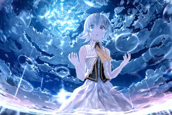 Rule 34 | 1girl, ascot, blue eyes, blue hair, blue sky, blue theme, bob (biyonbiyon), bubble, cloud, crying, crying with eyes open, dress, fantasy, fisheye, gumi, highres, looking at viewer, looking up, matching hair/eyes, open mouth, outdoors, rain, ripples, silver hair, sky, sleeveless, sleeveless dress, solo, tears, vest, vocaloid, wading, wallpaper, water, white dress