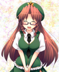 Rule 34 | 1girl, bespectacled, between breasts, blush, braid, breasts, chinese clothes, clothes between breasts, dress, closed eyes, female focus, glasses, green dress, hat, hong meiling, long hair, necktie, open mouth, red hair, smile, solo, tekehiro, touhou, twin braids, v arms