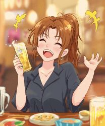 Rule 34 | 1girl, absurdres, beer mug, black shirt, blurry, blurry background, blush, brown hair, closed eyes, collarbone, collared shirt, cup, earrings, food, hands up, hibike! euphonium, highres, holding, holding cup, indoors, jewelry, long hair, long sleeves, mug, nakagawa natsuki, open mouth, ponytail, shirt, sitting, smile, solo, table, tsunemoku