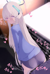 Rule 34 | 1girl, ass, bloomers, blue archive, dry humping, grey hair, gym storeroom, gym uniform, halo, headphones, heart, highres, humping, indoors, long hair, looking at viewer, looking back, mechanical halo, noa (blue archive), purple eyes, smile, standing, tonomiya68, underwear
