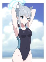 Rule 34 | 1girl, adjusting hair, animal ear fluff, animal ears, armpits, arms behind head, arms up, beach, black one-piece swimsuit, blue archive, blue eyes, blue halo, blue sky, breasts, cleavage, cloud, collarbone, commentary request, competition swimsuit, covered navel, cross hair ornament, day, extra ears, grey hair, hair ornament, halo, highleg, highleg swimsuit, highres, horizon, kamenin, low ponytail, medium breasts, medium hair, mismatched pupils, mouth hold, multicolored clothes, multicolored swimsuit, ocean, official alternate costume, one-piece swimsuit, outdoors, rubber band, shiroko (blue archive), shiroko (swimsuit) (blue archive), sideboob, sky, solo, standing, swimsuit, thighs, thighs together, wolf ears