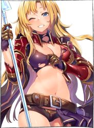 Rule 34 | 1girl, armor, belt, black shorts, blonde hair, blue eyes, breasts, cleavage, cowboy shot, crop top, gauntlets, granblue fantasy, grin, hair down, highres, holding, holding spear, holding weapon, kei (soundcross), large breasts, long hair, looking at viewer, micro shorts, midriff, navel, one eye closed, polearm, purple shirt, shirt, shorts, smile, solo, spear, standing, stomach, torn clothes, torn shirt, torn shorts, weapon, zeta (granblue fantasy)