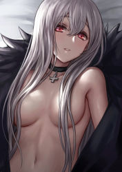Rule 34 | 1girl, bad id, bad pixiv id, bare shoulders, bed sheet, black choker, blush, breasts, breasts out, choker, collarbone, convenient censoring, cross, cross choker, from above, girls&#039; frontline, hair between eyes, hair over breasts, highres, kar98k (girls&#039; frontline), long hair, looking at viewer, lying, medium breasts, navel, no bra, off shoulder, on back, on bed, open clothes, parted lips, selcky, silver hair, smile, solo, stomach, upper body, very long hair