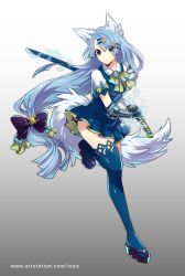 Rule 34 | 1girl, animal ears, blue eyes, blue hair, blue legwear, blue skirt, bow, copyright request, dress, fox ears, fox tail, full body, gauntlets, gradient background, grey background, hair ornament, hairclip, holding, holding sword, holding weapon, katana, long hair, looking at viewer, low-tied long hair, official art, pinafore dress, purple bow, short sleeves, simple background, skirt, sleeveless dress, standing, standing on one leg, sword, tail, tox tail, very long hair, vixi c, watermark, weapon, web address