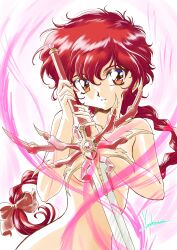 Rule 34 | 1990s (style), 1girl, absurdres, bow, braid, completely nude, hair bow, highres, holding, holding sword, holding weapon, long hair, looking at viewer, magic knight rayearth, nude, orange eyes, parted lips, red bow, red hair, retro artstyle, shidou hikaru, single braid, sword, weapon, yoshinaga masahiro