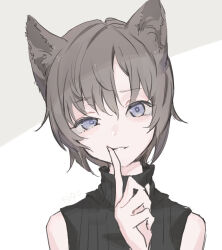 Rule 34 | 1girl, animal ears, black sweater, blue eyes, brown hair, cat ears, cat girl, commentary request, finger to mouth, grin, hand up, head tilt, kinutani yutaka, looking at viewer, original, short hair, simple background, sleeveless, sleeveless sweater, sleeveless turtleneck, smile, solo, sweater, turtleneck, turtleneck sweater, uneven eyes, upper body, white background