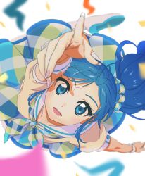 Rule 34 | 1girl, aikatsu!, aikatsu! (series), arm up, blue dress, blue eyes, blue hair, blurry, checkered clothes, checkered dress, collarbone, confetti, depth of field, dot nose, dress, from above, green dress, hashtag-only commentary, highres, idol, index finger raised, kiriya aoi, long hair, looking at viewer, looking up, multicolored clothes, multicolored dress, open mouth, perspective, semham, side ponytail, solo, standing, white background, wrist cuffs
