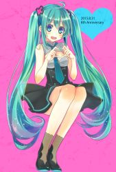 Rule 34 | 10s, 1girl, 2015, ahoge, aqua eyes, aqua hair, bad id, bad pixiv id, dated, dress, hatsune miku, long hair, looking at viewer, mikipa, nail polish, necktie, open mouth, pink background, simple background, sitting, socks, solo, twintails, very long hair, vocaloid