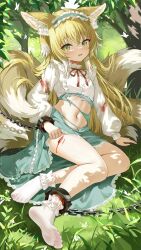 Rule 34 | 1girl, animal ears, arknights, blonde hair, blood, blood on leg, blurry, bow, bowtie, bruise, chain, clothes lift, commentary request, depth of field, devil heavens, forest, fox ears, fox girl, fox tail, grass, green eyes, hair between eyes, hairband, highres, injury, kitsune, kyuubi, lifted by self, lolita hairband, long hair, long sleeves, looking at viewer, multicolored hair, multiple tails, nature, navel, official alternate costume, outdoors, parted lips, red bow, red bowtie, shirt, sidelocks, sitting, skirt, skirt lift, socks, soles, solo, stomach, suzuran (arknights), suzuran (spring praise) (arknights), tail, toes, torn clothes, tree, two-tone hair, white shirt, white socks