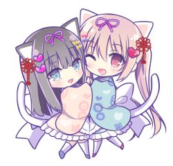 Rule 34 | 2girls, ;d, animal ears, apron, black hair, blue eyes, blue footwear, blue kimono, blush, bow, brown hair, brown kimono, cat ears, cat girl, cat tail, commentary request, fang, frilled kimono, frills, hair between eyes, hair bow, hair ornament, hair ribbon, hairclip, heart, heart hair ornament, japanese clothes, kimono, long hair, long sleeves, multiple girls, one eye closed, open mouth, original, pink ribbon, purple bow, red bow, red eyes, red footwear, ribbon, shiwasu horio, shoes, simple background, smile, tail, thighhighs, twintails, very long hair, white apron, white background, white thighhighs, wide sleeves, yellow bow
