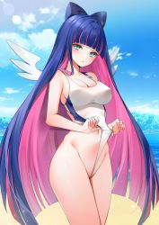 Rule 34 | 1girl, absurdres, blue eyes, blue hair, blunt bangs, bow, breasts, cleavage, clothes pull, cloud, collarbone, colored inner hair, competition swimsuit, frontal wedgie, hair bow, highres, large breasts, long hair, looking at viewer, multicolored hair, navel, ocean, one-piece swimsuit, one-piece swimsuit pull, panty &amp; stocking with garterbelt, parted lips, pink hair, purple hair, sky, solo, stocking (psg), swimsuit, thighhighs, thighs, two-tone hair, wedgie, wings, yukineko1018