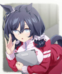 Rule 34 | 1girl, :o, alternate hairstyle, animal ears, bespectacled, blue eyes, blurry, blurry background, breast press, breasts, clipboard, clothing cutout, eishin flash (umamusume), feet out of frame, glasses, hair ornament, hair scrunchie, holding, holding clipboard, horse ears, horse girl, horse tail, jacket, large breasts, leaning forward, long sleeves, looking at viewer, low twintails, medium hair, pants, red jacket, red pants, scrunchie, semi-rimless eyewear, solo, standing, tail, tail through clothes, track jacket, track suit, twintails, umamusume, wakoudo