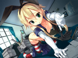 Rule 34 | 10s, 1girl, blonde hair, elbow gloves, gloves, green eyes, hair ornament, hair ribbon, kantai collection, lifebuoy, open clothes, open shirt, panties, panty lift, panty pull, personification, rensouhou-chan, ribbon, shimakaze (kancolle), shirt, striped clothes, striped thighhighs, swim ring, thighhighs, underwear, undressing, white gloves, yamacchi