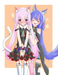 Rule 34 | .live, 2girls, absurdres, animal ears, blush, breasts, carro pino, cat ears, cat tail, closed eyes, commentary request, detached sleeves, fang, highres, long hair, multiple girls, navel, open mouth, pink hair, purple hair, red eyes, rurun rururica, small breasts, tail, tanabata stew, thighhighs, virtual youtuber, wolf ears