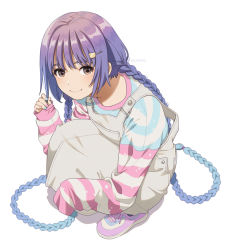 Rule 34 | 1girl, blue hair, blue nails, blush, braid, brown eyes, closed mouth, commentary request, from above, full body, hair ornament, hairclip, long hair, long sleeves, looking at viewer, looking up, mattaku mousuke, nail polish, original, overalls, pink footwear, pink nails, purple hair, sleeves past wrists, smile, solo, squatting, striped sleeves, twin braids, twitter username, very long hair