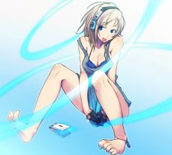 Rule 34 | 1girl, anklet, barefoot, breasts, cleavage, covering privates, covering crotch, feet, headphones, jewelry, legs, original, painpa, shirt tug, short hair, solo, tank top