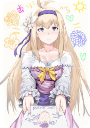 Rule 34 | 10s, 1girl, ahoge, ahoge wag, bare shoulders, blonde hair, blue eyes, breasts, cleavage, commentary, english text, expressive hair, flower, gauntlets, granblue fantasy, hair flower, hair ornament, hairband, hews, highres, holding, jeanne d&#039;arc (granblue fantasy), long hair, looking at viewer, medium breasts, parted lips, solo