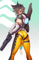 Rule 34 | 1girl, arrow (projectile), ass, brown hair, censored, cum, cum in clothes, full-package futanari, futanari, gun, handgun, highres, looking at viewer, looking back, overwatch, overwatch 1, pants, penis, pistol, short hair, solo, testicles, tight clothes, tight pants, tomoyuki kotani, tracer (overwatch), weapon