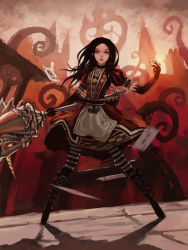 Rule 34 | 1girl, alice: madness returns, alice (alice in wonderland), alice in wonderland, alice liddell (american mcgee&#039;s alice), alternate costume, american mcgee&#039;s alice, american mcgee's alice, black hair, boots, card, floating card, gjred, gloves, green eyes, highres, hobby horse, holding, holding card, long hair, pantyhose, playing card, solo, striped clothes, striped pantyhose, venus symbol, weapon