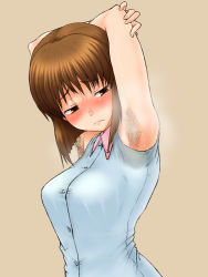 Rule 34 | 00s, 1girl, armpit hair, armpits, arms up, blush, embarrassed, hagiwara yukiho, idolmaster, idolmaster (classic), sakatashikibu, short hair, smell, solo, sweat