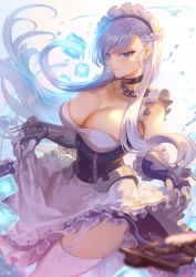Rule 34 | 1girl, azur lane, bare shoulders, belfast (azur lane), belfast (iridescent rosa) (azur lane), blue dress, blue eyes, blush, breasts, broken, broken chain, chain, cleavage, closed mouth, collar, curtsey, dress, frilled gloves, frills, gloves, highres, large breasts, long hair, looking at viewer, maid, maid headdress, mashuu (neko no oyashiro), silver hair, smile, solo, thighs