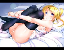 Rule 34 | 10s, 1girl, ajishio, ayase eli, bare shoulders, bed, bed sheet, black thighhighs, blonde hair, blue eyes, bottomless, breasts, has bad revision, has censored revision, hugging own legs, knees to chest, letterboxed, long hair, looking at viewer, love live!, love live! school idol project, lying, md5 mismatch, nipples, no bra, no shoes, on back, on bed, pillow, ponytail, pussy, scrunchie, see-through, shiny skin, shirt, small breasts, solo, thighhighs, uncensored, wet, wet clothes, wet shirt
