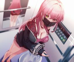 Rule 34 | 1girl, anchor print, bikini, black jacket, black mask, blurry, breasts, cleavage, depth of field, dutch angle, elevator, fingernails, hair down, heterochromia, hololive, hood, hooded jacket, houshou marine, houshou marine (summer), jacket, long hair, looking at viewer, mask, medium breasts, mouth mask, nail polish, official alternate costume, official alternate hairstyle, partially unzipped, red bikini, red eyes, red hair, red nails, reflection, shorts, solo, swimsuit, twitter username, two-sided fabric, two-sided jacket, virtual youtuber, yaho image3, yellow eyes