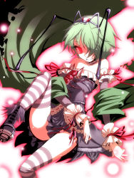 Rule 34 | 1girl, antennae, bare shoulders, bodice, boots, bug, centipede, cross-laced footwear, dark persona, dark princess (princess wriggle), dress, elbow gloves, female focus, fireflies, gloves, glowing, glowing eyes, green hair, hair over one eye, kumadano, lying, on back, princess wriggle, red eyes, short hair, smile, solo, strapless, strapless dress, striped clothes, striped thighhighs, thighhighs, touhou, wriggle nightbug, wrist cuffs